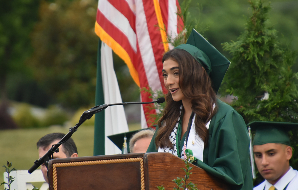 Montville Township High School’s Student Activities Council President Joleen Amer led the Pledge of Allegiance, sang a moving a cappella rendition of THE STAR SPANGLED BANNER, and addressed the more than 275 members of the MTHS Class of 2023 at the 52nd Annual MTHS Commencement Exercises on June 22, 2023.