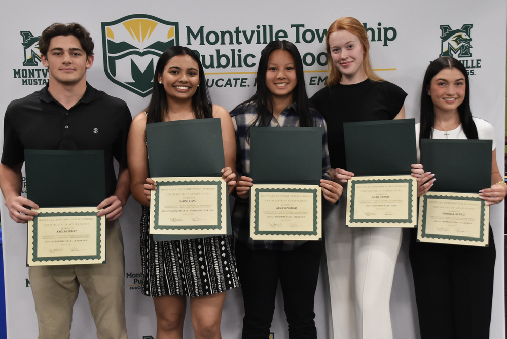 Five Montville Township High School students received recognition for excellence in Academics, Athletics, Arts, Community Service and Leadership at a recent Montville Township Board of Education Meeting. The five were named Third Quarter ShopRite Stars for the 2022-2023 school year. They have been honored both by Sunrise ShopRite in Parsippany, and MTHS. The five 3rd Quarter ShopRite STARS are: Karl Monaco, Leadership; Sarina Dang, Community Service; Grace Kowalski, Athletics; Laura Justnes, Arts; and Gabriella Giudice, Academics.